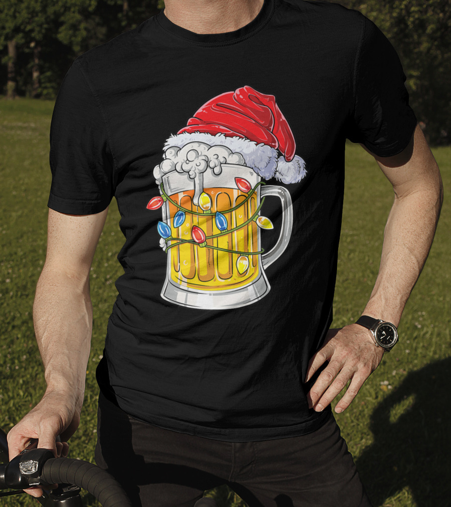 Beer Santa Hat Christmas Lights Holiday Cheer T-Shirt