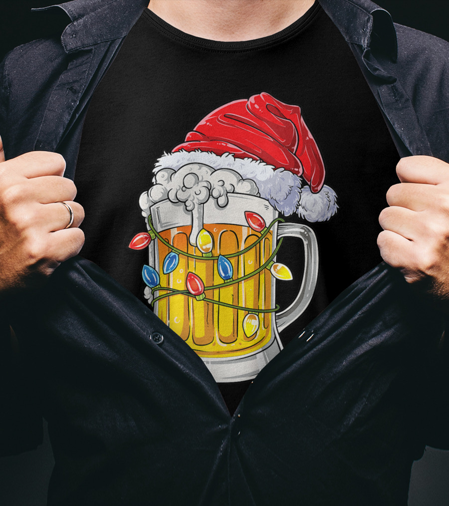 Beer Santa Hat Christmas Lights Holiday Cheer T-Shirt