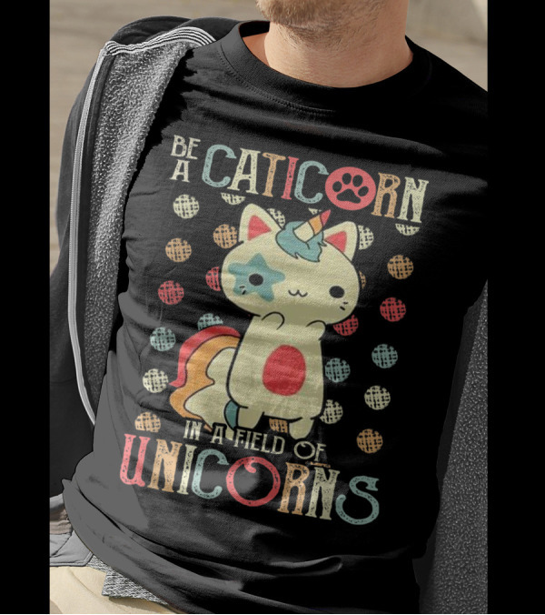 Be A Caticorn In A Field Of Unicorns Caticorn Pawprint Dotted Background T-Shirt
