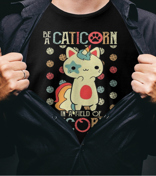 Be A Caticorn In A Field Of Unicorns Caticorn Pawprint Dotted Background T-Shirt