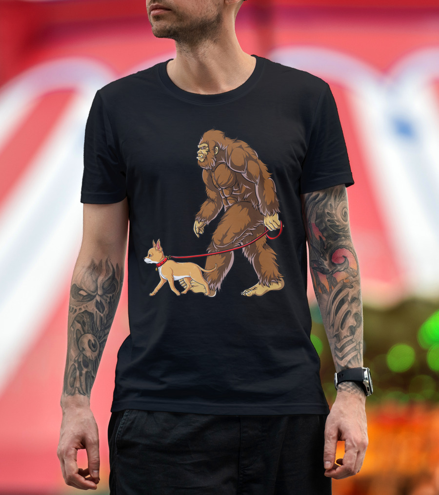 Bigfoot Walking Chihuahua Sasquatch Graphic for Kids and Men T-Shirt