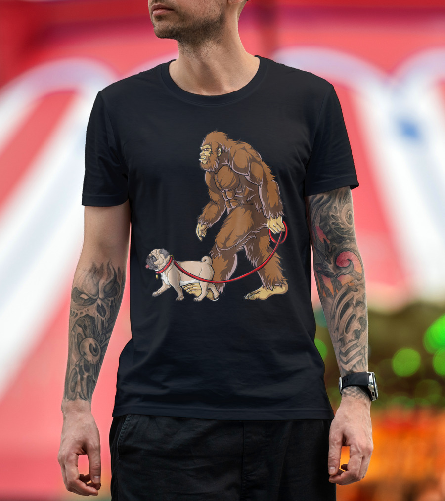 Bigfoot Walking Pug Sasquatch Dog Leash Scene T-Shirt