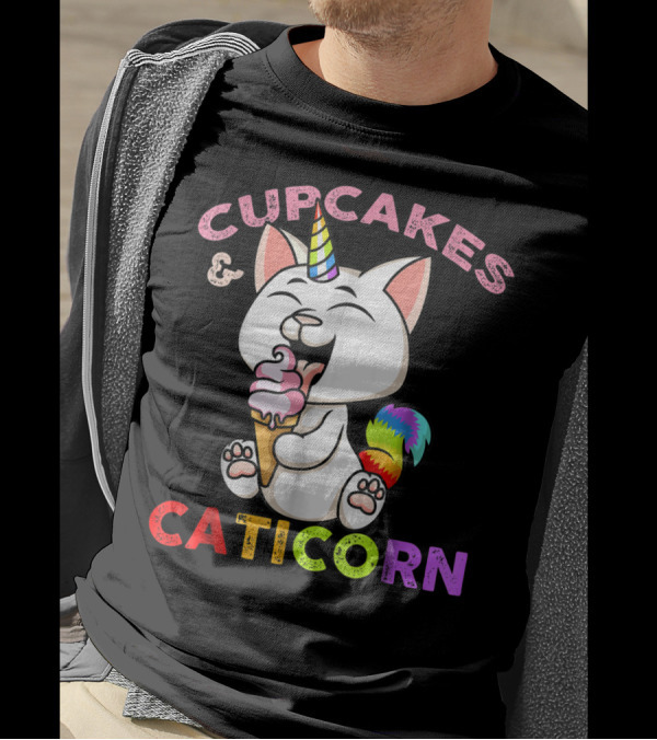 Cupcakes And Caticorn Rainbow Tail Unicorn Cat Eating Ice Cream Cone T-Shirt