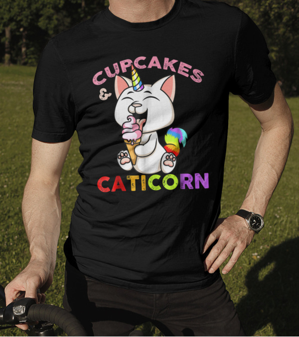 Cupcakes And Caticorn Rainbow Tail Unicorn Cat Eating Ice Cream Cone T-Shirt
