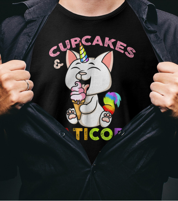 Cupcakes And Caticorn Rainbow Tail Unicorn Cat Eating Ice Cream Cone T-Shirt