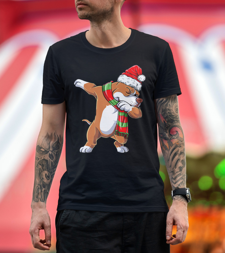 Christmas Boys Dabbing Pit Bull Santa Hat Scarf T-Shirt