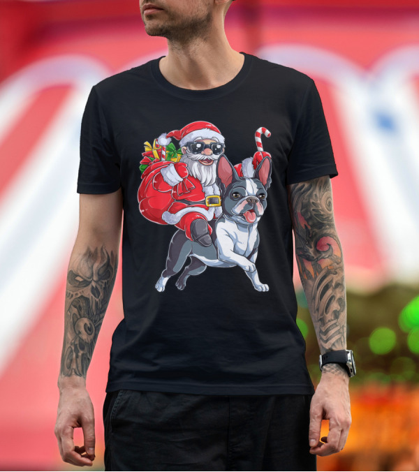 Premium T-Shirt: Santa Claus Riding Boston Terrier Christmas Adventure T-Shirt Santa Claus Riding Boston Terrier Christmas Adventure T-Shirt