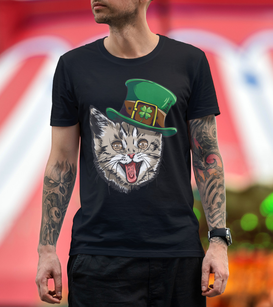 Cat Leprechaun Happy St Cattys Day Catricks Irish Kitten Charm T-Shirt