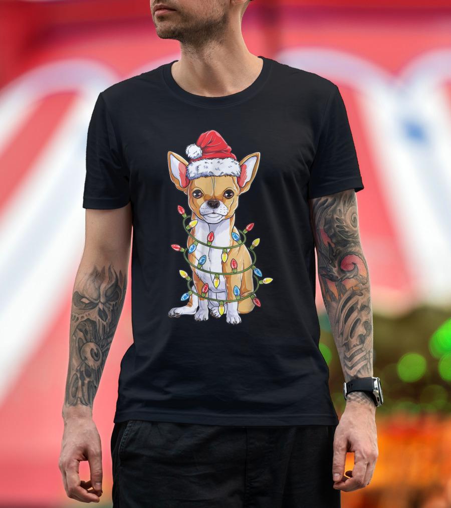Chihuahua with Santa Hat and Christmas Tree Lights T-Shirt