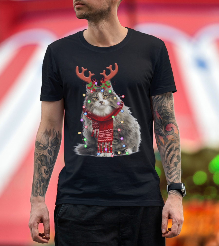 Santa Norwegian Forest Cat Reindeer Antlers Christmas Lights T-Shirt