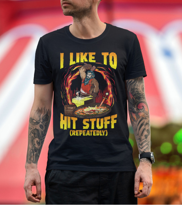 Premium T-Shirt: I Like To Hit Stuff Repeatedly Vintage Bladesmith with Anvil and Forge Fire T-Shirt I Like To Hit Stuff Repeatedly Vintage Bladesmith with Anvil and Forge Fire T-Shirt