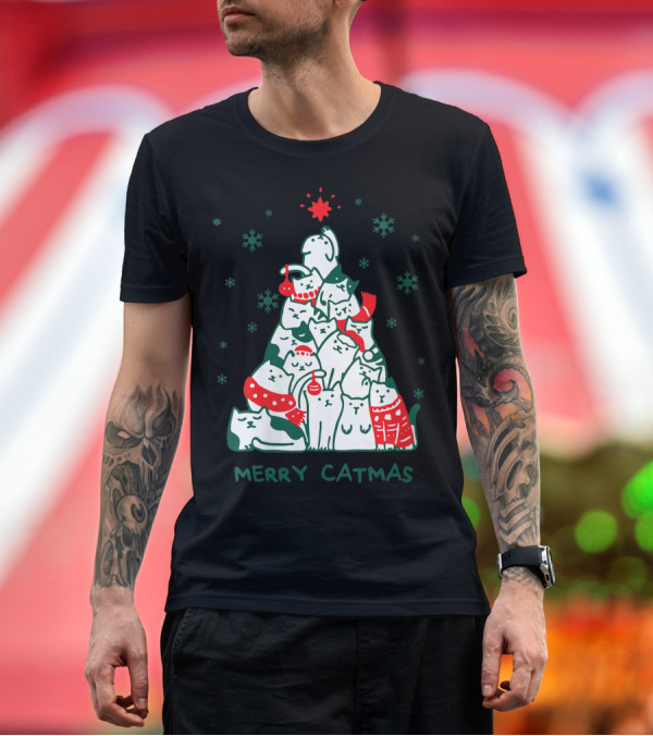 Premium T-Shirt: Merry Catmas Cat Christmas Tree with Santa Hats and Snowflakes T-Shirt Merry Catmas Cat Christmas Tree with Santa Hats and Snowflakes T-Shirt