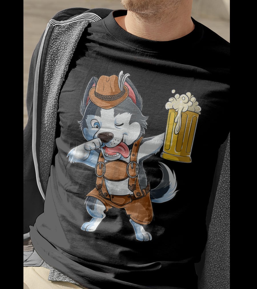 Dabbing Siberian Husky Oktoberfest Lederhosen Beer Mug T-Shirt