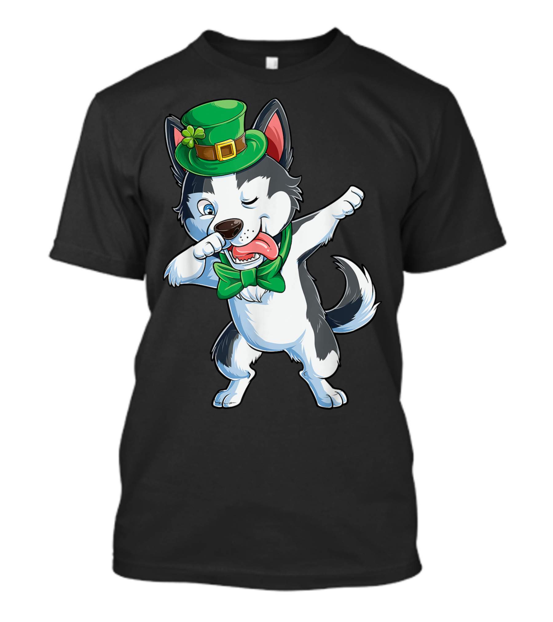 St. Patrick's Day Dabbing Siberian Husky With Green Hat And Bow Tie T-Shirt
