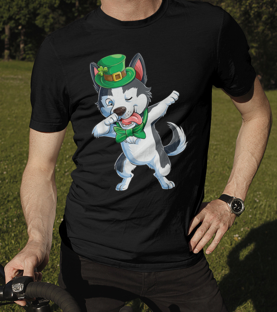 St. Patrick's Day Dabbing Siberian Husky With Green Hat And Bow Tie T-Shirt