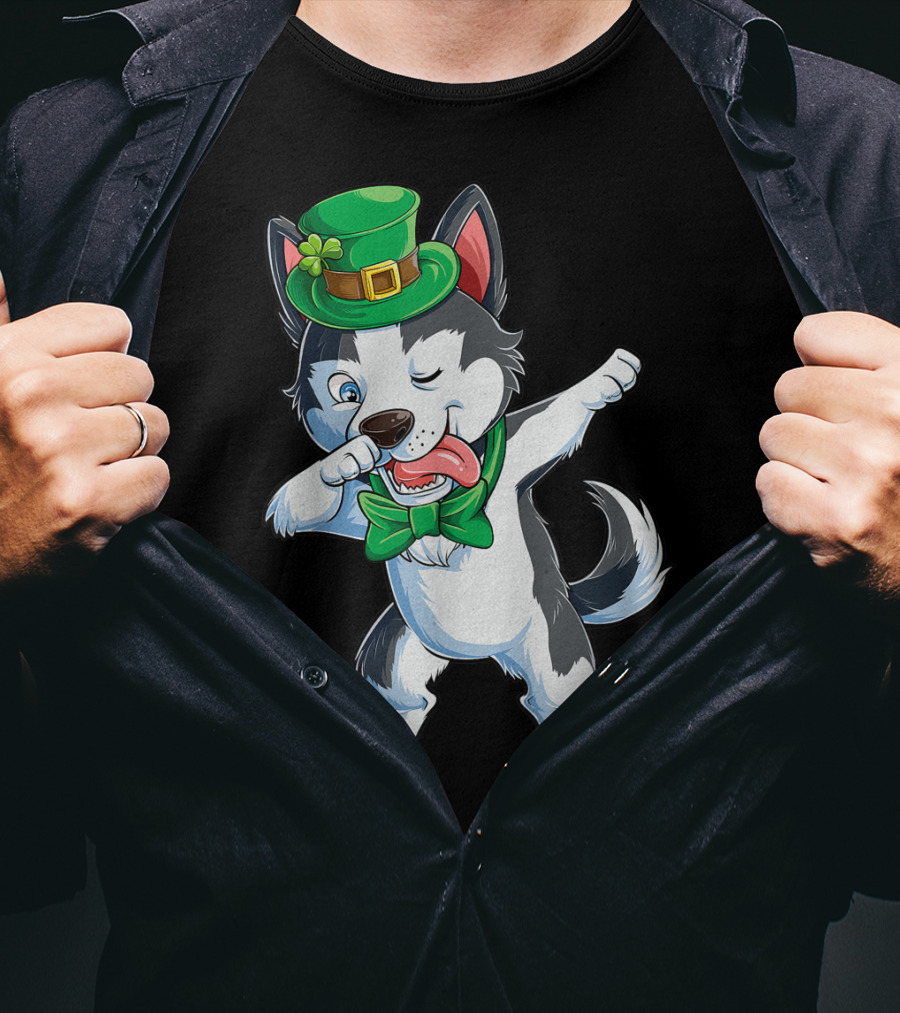 St. Patrick's Day Dabbing Siberian Husky With Green Hat And Bow Tie T-Shirt