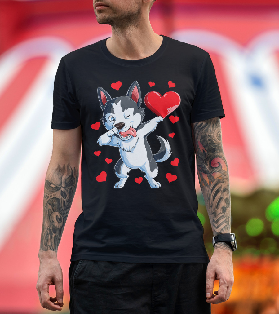 Dabbing Siberian Husky Holding Heart Surrounded by Red Valentine Hearts T-Shirt