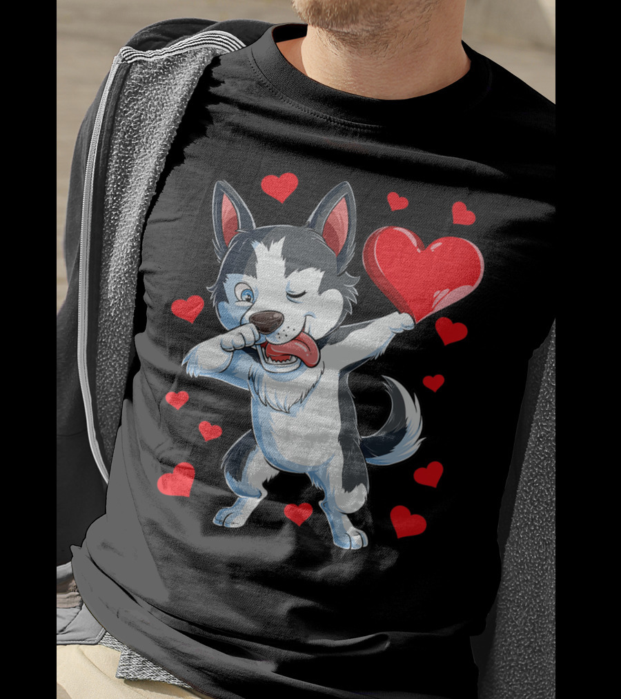 Dabbing Siberian Husky Holding Heart Surrounded By Red Valentine Hearts T-Shirt