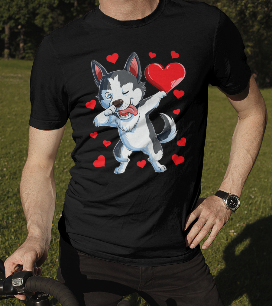 Dabbing Siberian Husky Holding Heart Surrounded By Red Valentine Hearts T-Shirt