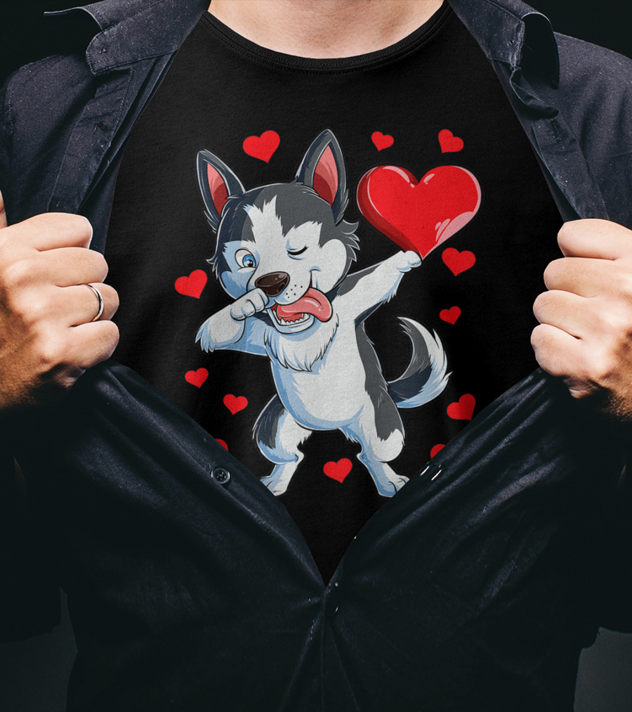 Dabbing Siberian Husky Holding Heart Surrounded By Red Valentine Hearts T-Shirt