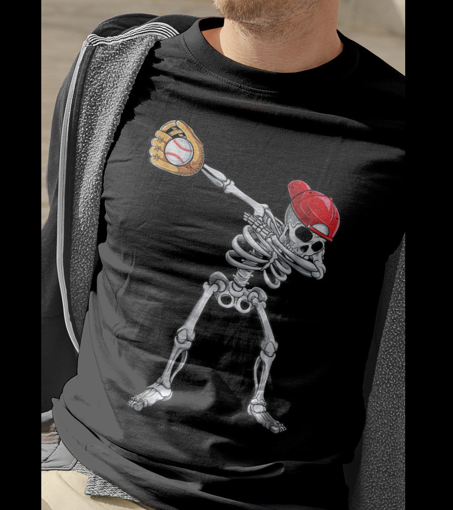 Dabbing Skeleton With Baseball Glove And Cap T-Shirt