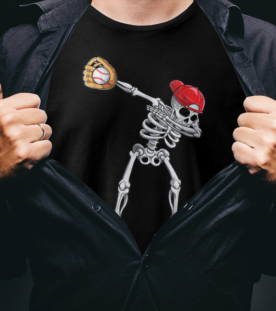 Dabbing Skeleton With Baseball Glove And Cap T-Shirt