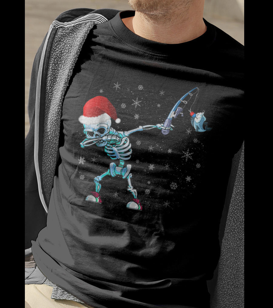 Santa Skeleton Dabbing With Fishing Rod And Shark T-Shirt