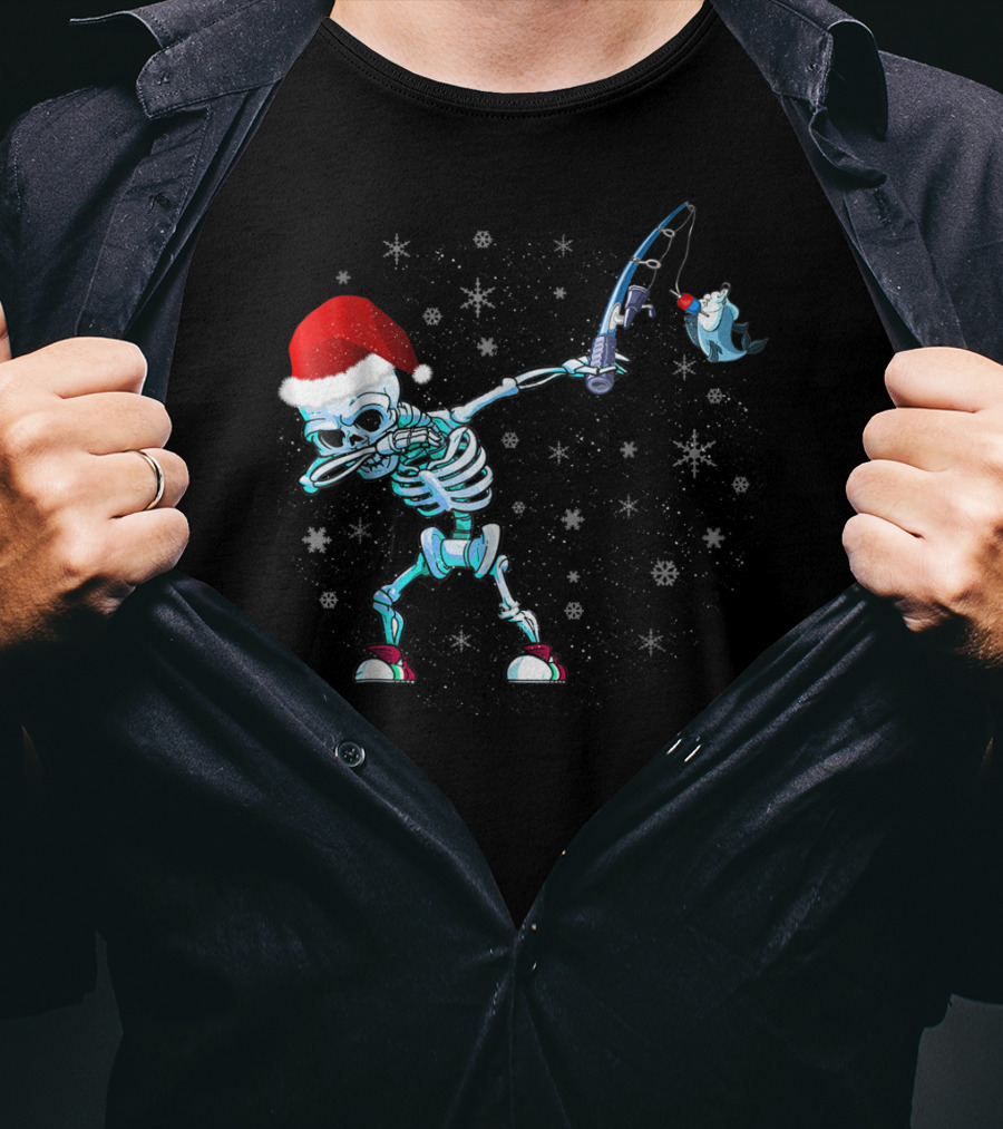 Santa Skeleton Dabbing With Fishing Rod And Shark T-Shirt
