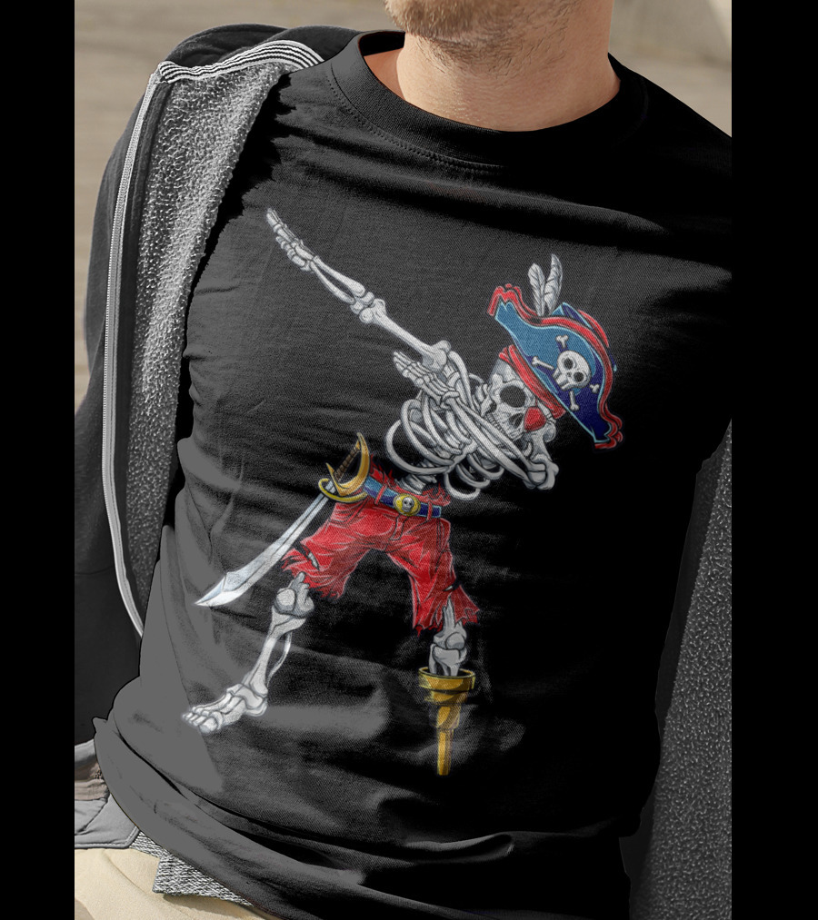 Skeleton Pirate Dabbing In Red Pants And Tricorn Hat With Sword T-Shirt