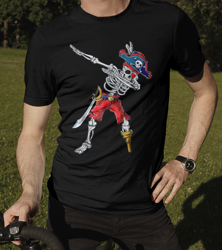 Skeleton Pirate Dabbing In Red Pants And Tricorn Hat With Sword T-Shirt