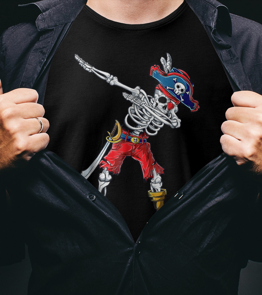 Skeleton Pirate Dabbing In Red Pants And Tricorn Hat With Sword T-Shirt