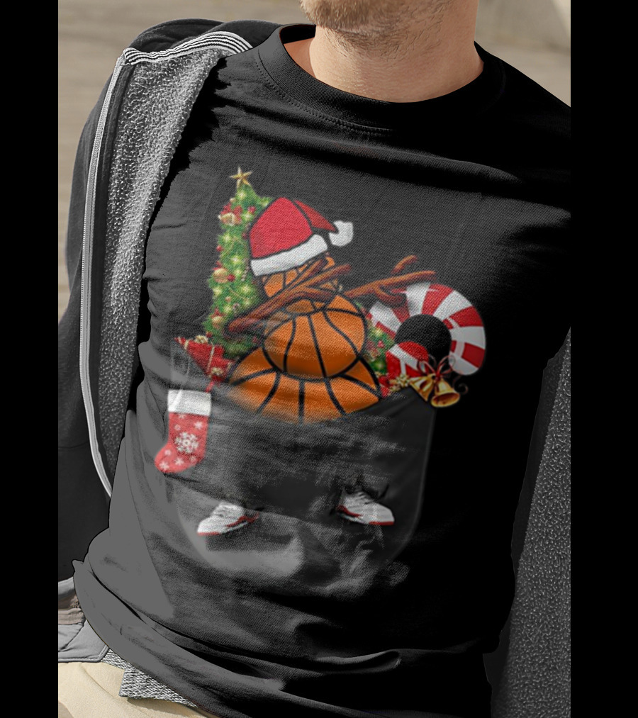 Christmas Dabbing Basketball Snowman In Pocket With Candy Cane And Santa Hat T-Shirt