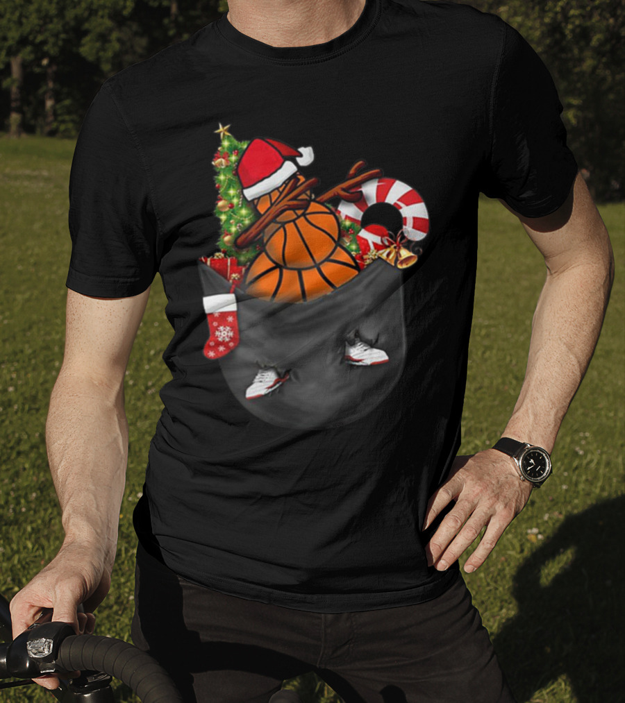 Christmas Dabbing Basketball Snowman In Pocket With Candy Cane And Santa Hat T-Shirt