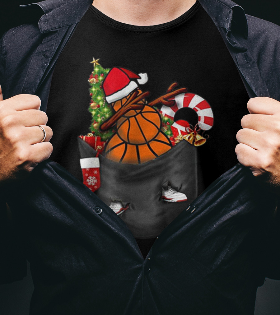 Christmas Dabbing Basketball Snowman In Pocket With Candy Cane And Santa Hat T-Shirt