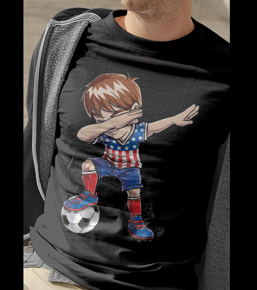 Dabbing Boy With Soccer Ball In American Flag Jersey T-Shirt