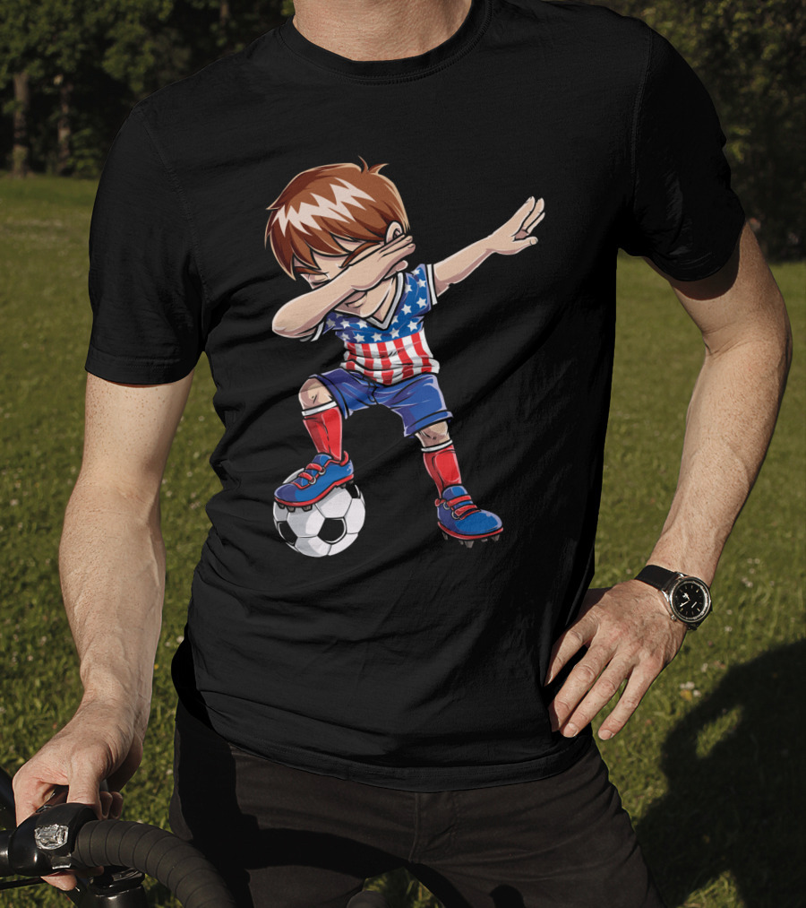 Dabbing Boy With Soccer Ball In American Flag Jersey T-Shirt