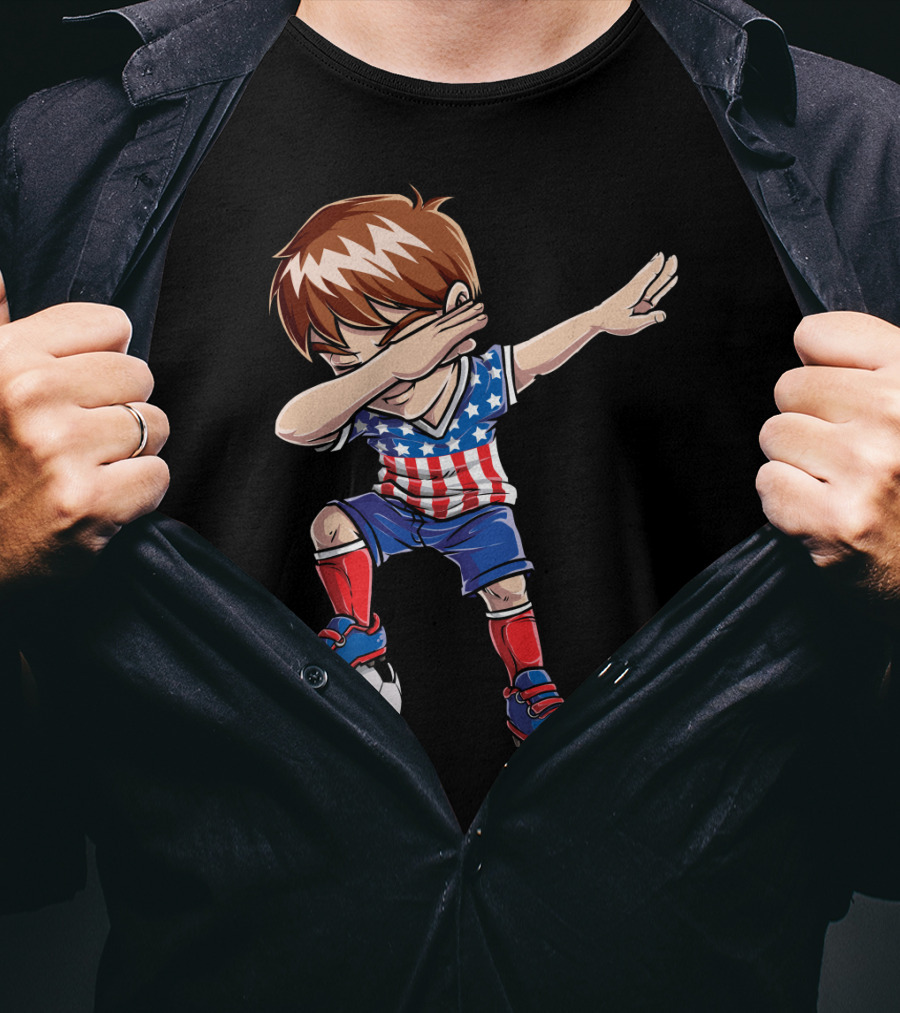 Dabbing Boy With Soccer Ball In American Flag Jersey T-Shirt