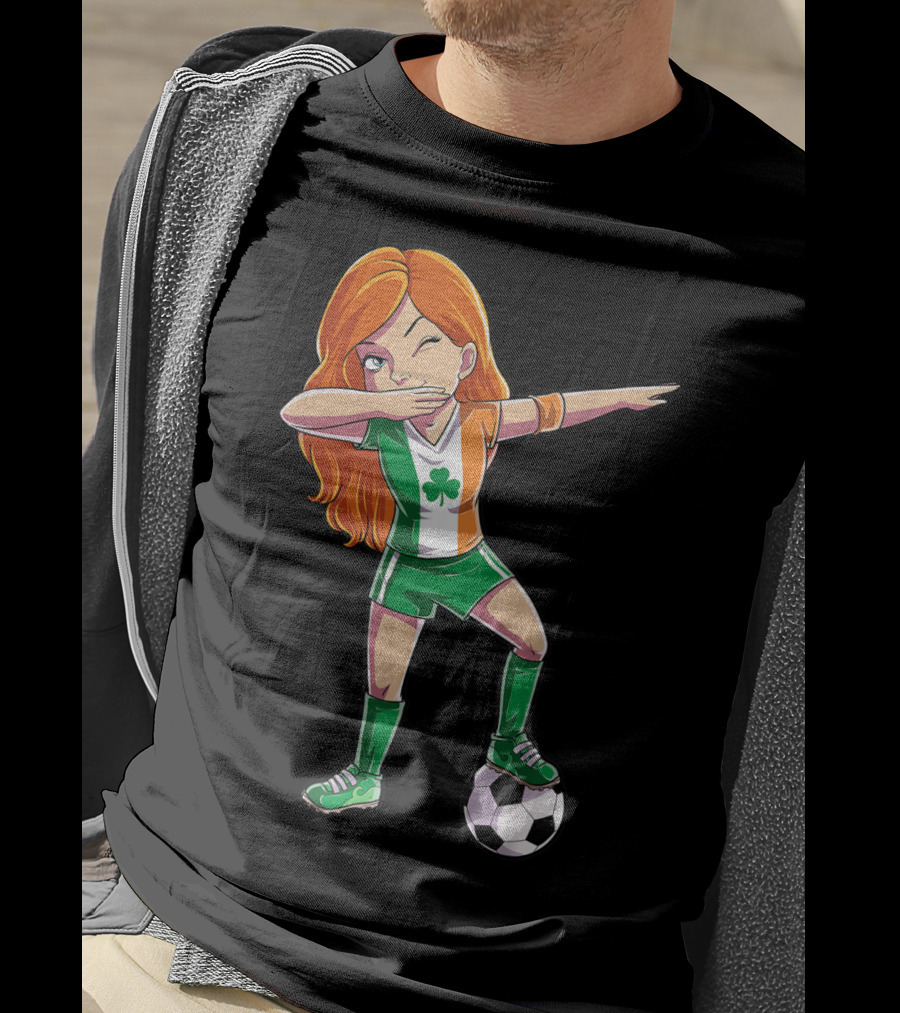 Dabbing Irish Soccer Girl With Shamrock Jersey And Football T-Shirt