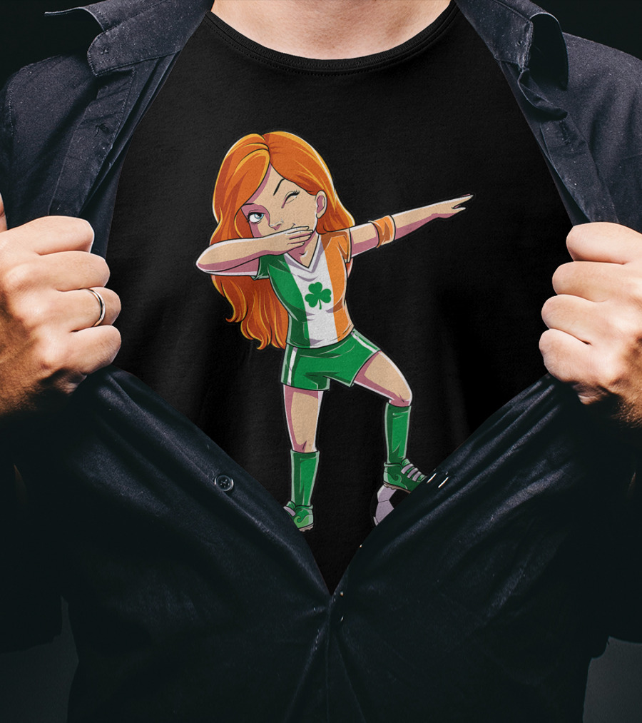 Dabbing Irish Soccer Girl With Shamrock Jersey And Football T-Shirt