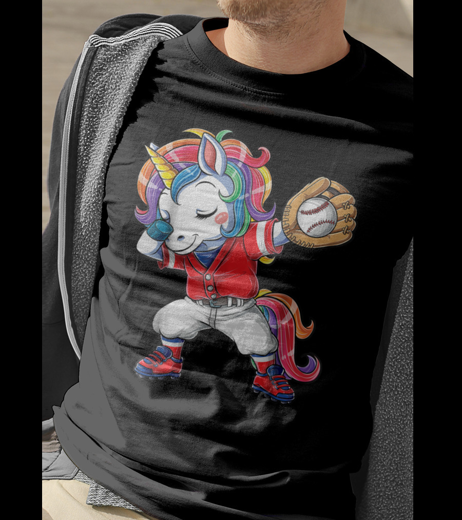 Dabbing Unicorn In Rainbow Baseball Outfit Holding Ball T-Shirt