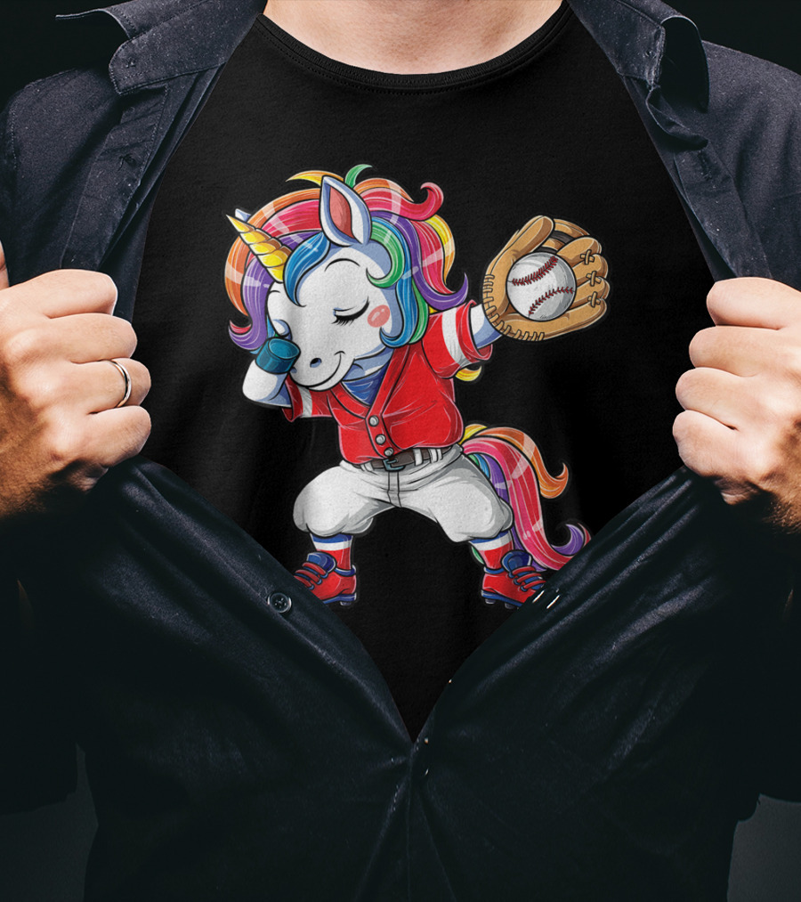 Dabbing Unicorn In Rainbow Baseball Outfit Holding Ball T-Shirt