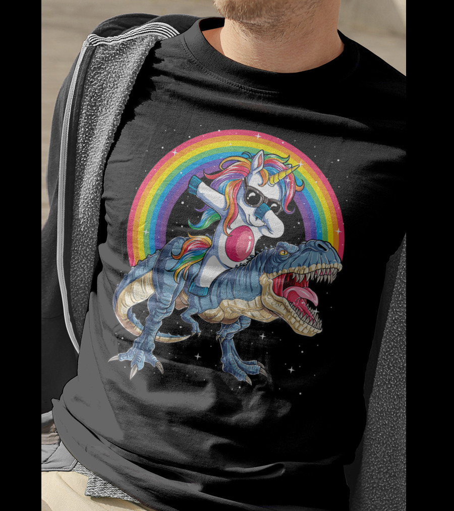 Dabbing Unicorn Riding T-Rex Under Rainbow In Space T-Shirt