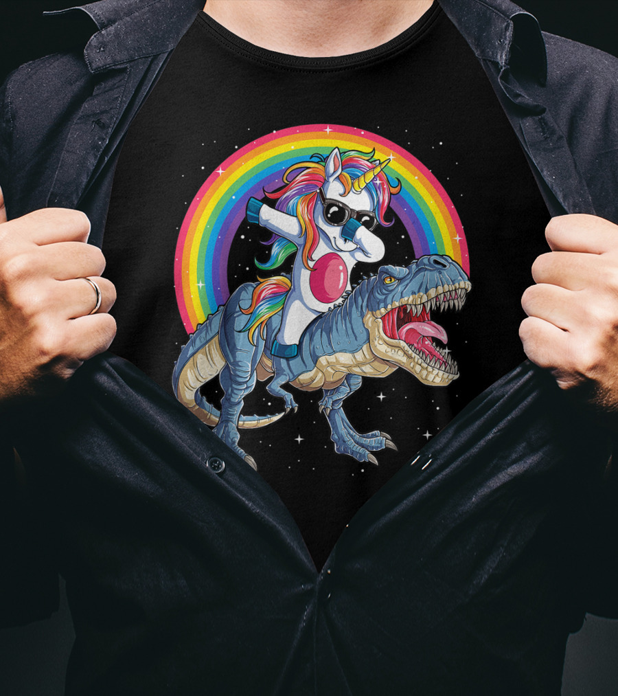 Dabbing Unicorn Riding T-Rex Under Rainbow In Space T-Shirt