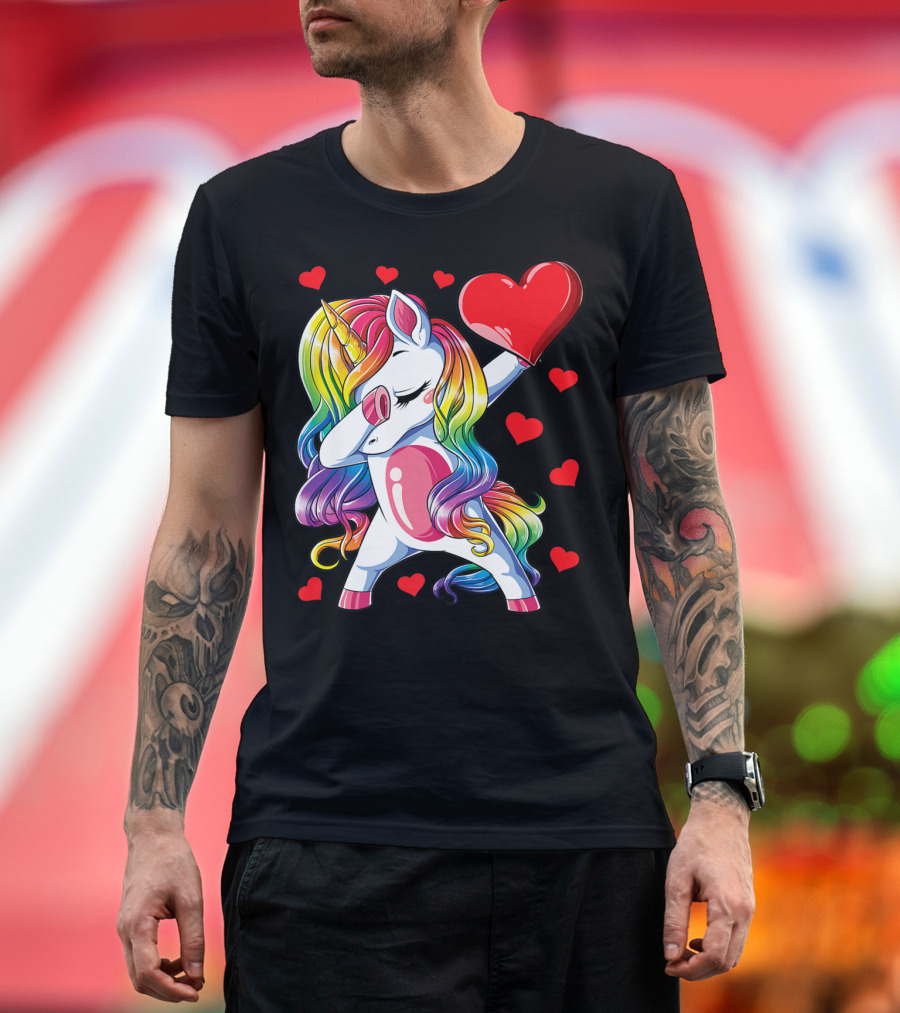 Valentine's Day Rainbow Dabbing Unicorn with Heart and Hearts T-Shirt