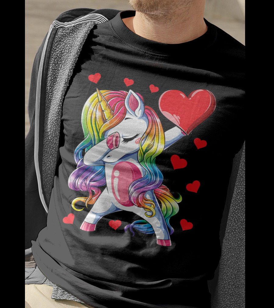 Valentine's Day Rainbow Dabbing Unicorn With Heart And Hearts T-Shirt