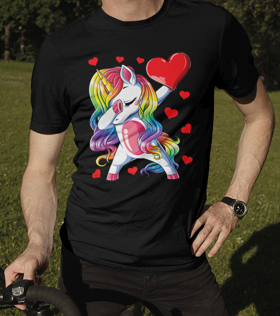 Valentine's Day Rainbow Dabbing Unicorn With Heart And Hearts T-Shirt