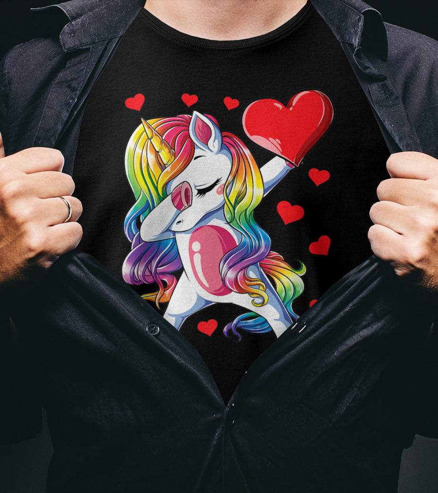 Valentine's Day Rainbow Dabbing Unicorn With Heart And Hearts T-Shirt