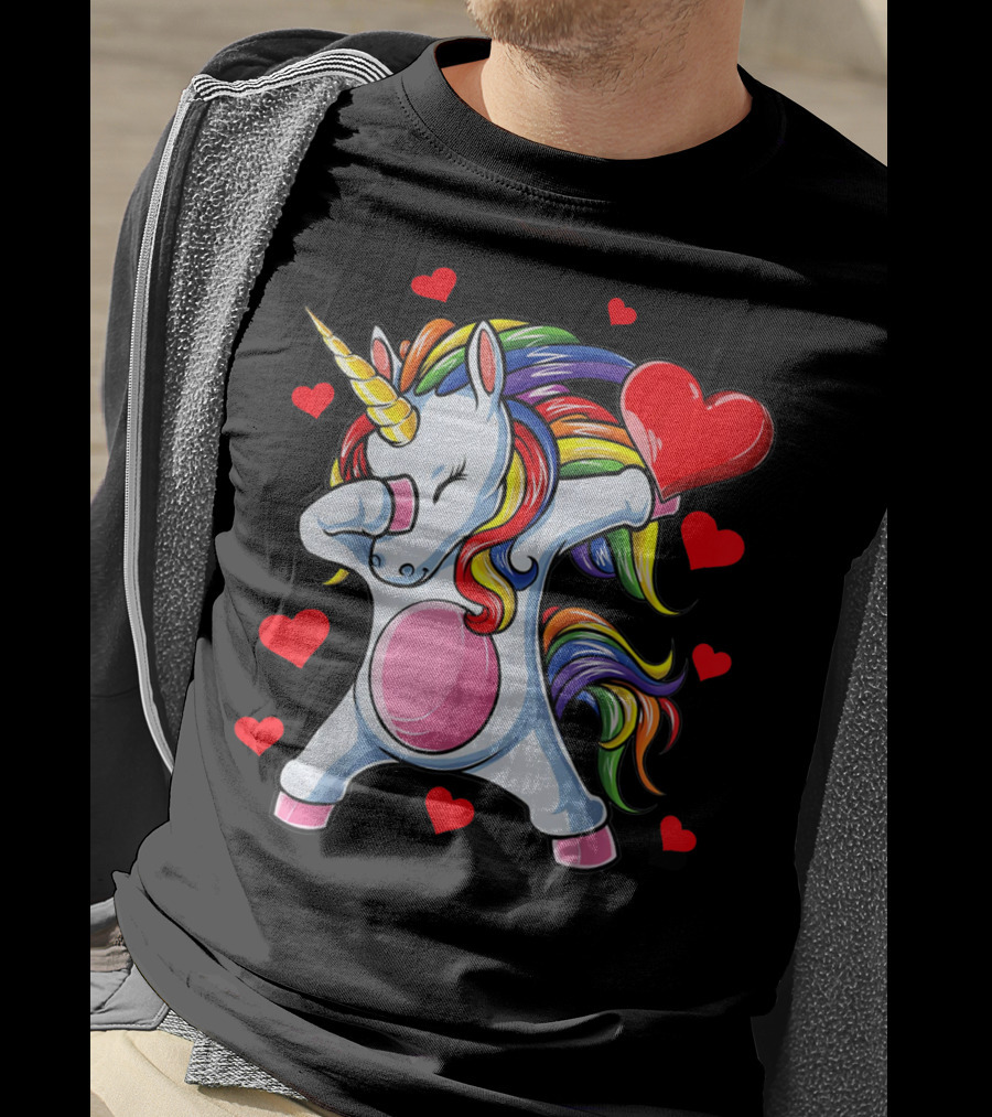 Valentines Day Dabbing Unicorn With Heart Girls T-Shirt