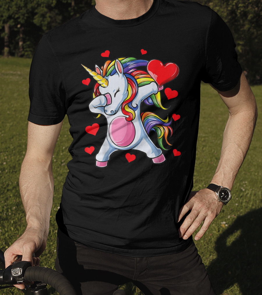 Valentines Day Dabbing Unicorn With Heart Girls T-Shirt