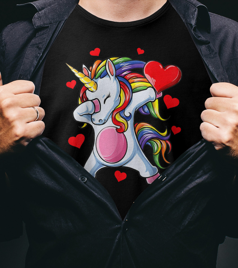 Valentines Day Dabbing Unicorn With Heart Girls T-Shirt